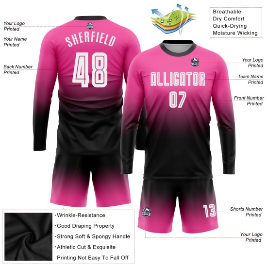 Custom Jersey Sleeve Pink White-Black Sublimation Fade Fashion Soccer Long Uniform