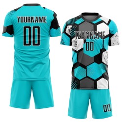Sublimation Uniform Custom Soccer Aqua Black-White Jersey