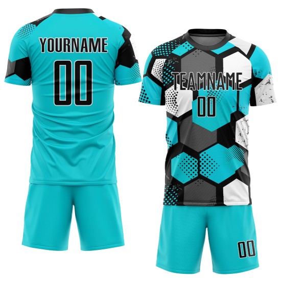 Sublimation Uniform Custom Soccer Aqua Black-White Jersey Sublimation Uniform Custom Soccer Aqua Black-White Jersey