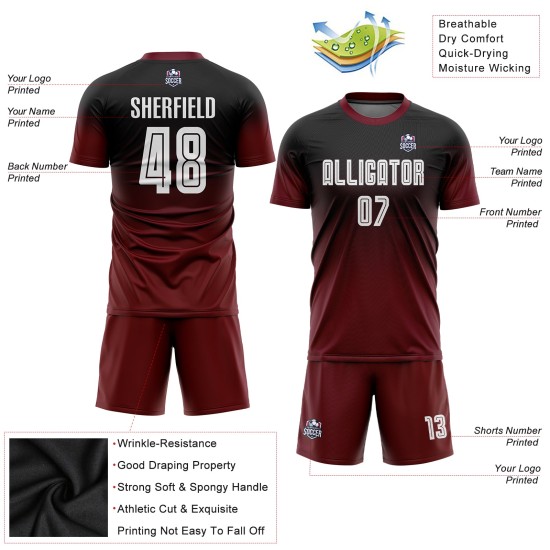 Sublimation Custom Black Uniform Fade White-Crimson Jersey Fashion Soccer Sublimation Custom Black Uniform Fade White-Crimson Jersey Fashion Soccer