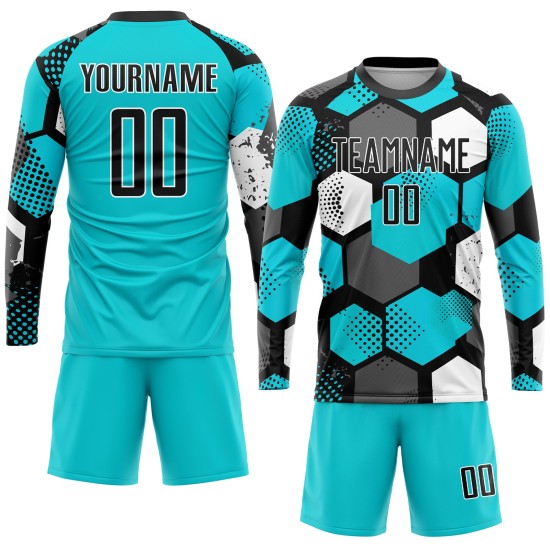 Sublimation Uniform Custom Soccer Aqua Black-White Jersey Sublimation Uniform Custom Soccer Aqua Black-White Jersey