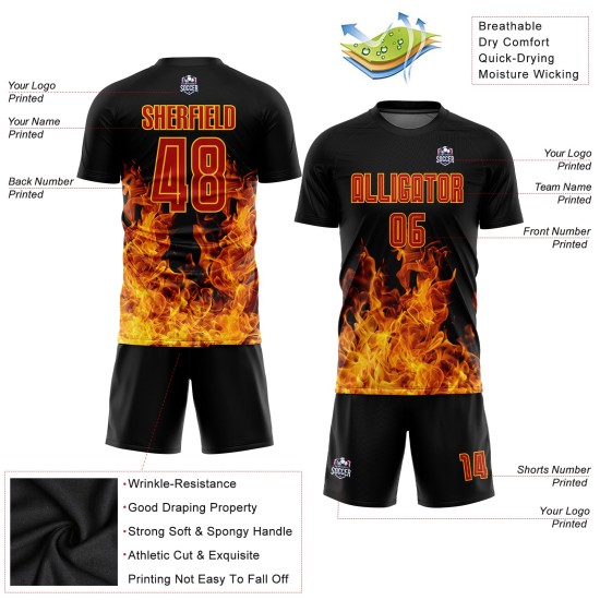 Sublimation Red-Gold Black Flame Soccer Uniform Custom Jersey