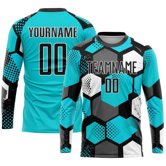 Sublimation Uniform Custom Soccer Aqua Black-White Jersey Sublimation Uniform Custom Soccer Aqua Black-White Jersey